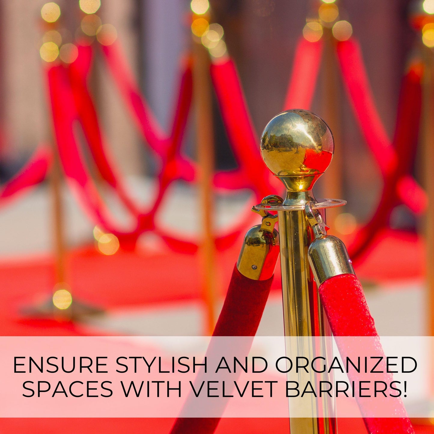 Red velvet rope barriers with gold stanchions at an elegant event venue