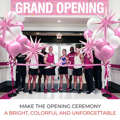 Scissors 25'' + Ribbon + Banner + Balloons — gym team ribbon-cutting with pink scissors, Grand Opening banner, pink foil star