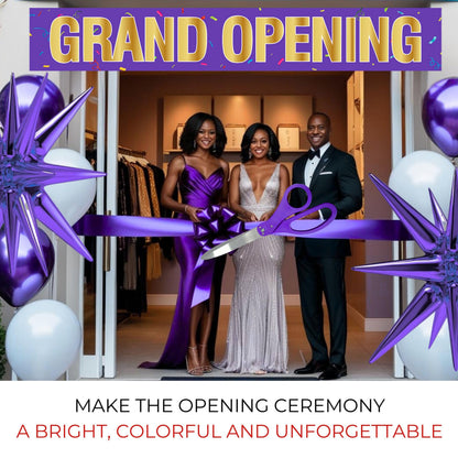 Styled grand opening with purple 25-inch scissors cutting purple satin ribbon at a boutique, star balloons and Grand Opening