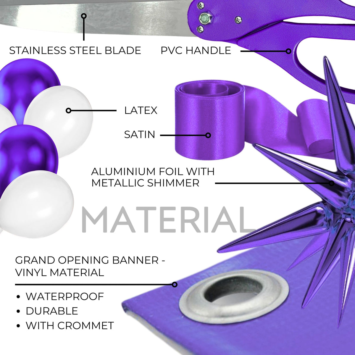 Materials callout graphic showing stainless steel blade, PVC handle, latex balloons, satin ribbon, metallic foil star