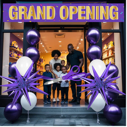 Family cutting a purple ribbon at a retail store grand opening with purple and white balloons and star balloons flanking the