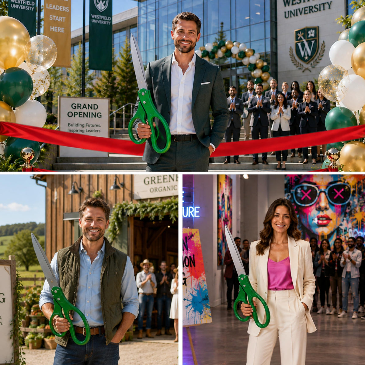 Collage of three grand opening scenes: man holding green scissors at university ribbon cutting, organic shop opening, and